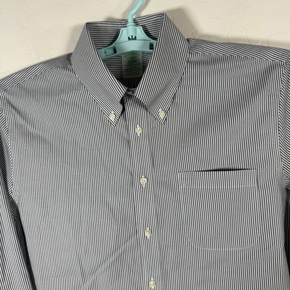 Brooks Brothers Dress Shirt Mens 15.5 34 Blue Striped Slim Non-Iron Stretch